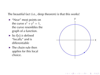 The	beautiful	fact	(i.e., deep	theorem)	is	that	this	works!
   “Near”	most	points	on                               y
                                                       .
   the	curve x2 + y2 = 1,
   the	curve	resembles	the
   graph	of	a	function.
   So f(x) is deﬁned
   “locally”	and	is                                    .                       x
                                                                               .
   differentiable
   The	chain	rule	then
   applies	for	this	local                                          .
   choice.




                                              .    .       .   .       .   .
 