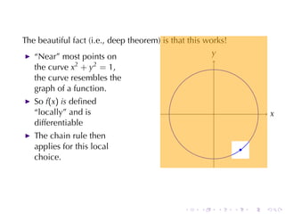 The	beautiful	fact	(i.e., deep	theorem)	is	that	this	works!
   “Near”	most	points	on                               y
                                                       .
   the	curve x2 + y2 = 1,
   the	curve	resembles	the
   graph	of	a	function.
   So f(x) is deﬁned
   “locally”	and	is                                    .                       x
                                                                               .
   differentiable
   The	chain	rule	then
   applies	for	this	local                                          .
   choice.




                                              .    .       .   .       .   .
 