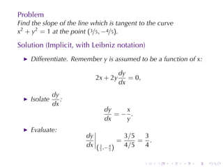 Problem
Find	the	slope	of	the	line	which	is	tangent	to	the	curve
x2 + y2 = 1 at	the	point (3/5, −4/5).

Solution	(Implicit, with	Leibniz	notation)
    Differentiate. Remember y is	assumed	to	be	a	function	of x:

                                      dy
                            2x + 2y      = 0,
                                      dx
              dy
    Isolate      :
              dx
                               dy   x
                                  =− .
                               dx   y
    Evaluate:
                        dy             3 /5  3
                                     =      = .
                        dx ( 3 ,− 4 ) 4/5    4
                             5    5


                                                .   .   .   .   .   .
 