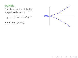 Example
Find	the	equation	of	the	line
tangent	to	the	curve
                                   .
  y 2 = x 2 (x + 1 ) = x 3 + x 2

at	the	point (3, −6).
                                                       .




                                       .   .   .   .   .   .
 