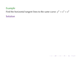 Example
Find	the	horizontal	tangent	lines	to	the	same	curve: y2 = x3 + x2

Solution




                                            .    .   .    .   .     .
 