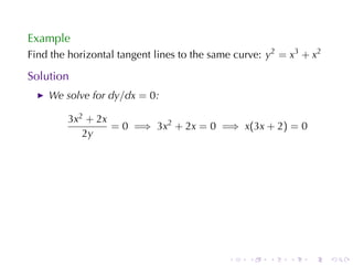 Example
Find	the	horizontal	tangent	lines	to	the	same	curve: y2 = x3 + x2

Solution
    We	solve	for dy/dx = 0:

        3x2 + 2x
                 = 0 =⇒ 3x2 + 2x = 0 =⇒ x(3x + 2) = 0
           2y




                                            .    .   .    .   .     .
 