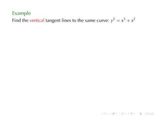 Example
Find	the vertical tangent	lines	to	the	same	curve: y2 = x3 + x2




                                             .   .    .   .       .   .
 