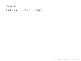 Example
Find y′ if y5 + x2 y3 = 1 + y sin(x2 ).




                                          .   .   .   .   .   .
 