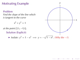 Motivating	Example                                  y
                                                    .


Problem
Find	the	slope	of	the	line	which
is	tangent	to	the	curve
                                                    .                       x
                                                                            .
            2     2
           x +y =1

at	the	point (3/5, −4/5).                                       .
   Solution	(Explicit)
                                     √
        Isolate: y2 = 1 − x2 =⇒ y = − 1 − x2 . (Why	the −?)




                                            .   .       .   .       .   .
 