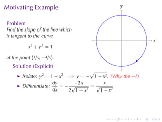 Motivating	Example                                  y
                                                    .


Problem
Find	the	slope	of	the	line	which
is	tangent	to	the	curve
                                                    .                       x
                                                                            .
            2     2
           x +y =1

at	the	point (3/5, −4/5).                                       .
   Solution	(Explicit)
                                      √
        Isolate: y2 = 1 − x2 =⇒ y = − 1 − x2 . (Why	the −?)
                       dy       −2x        x
        Differentiate:    =− √        =√
                       dx     2 1−x 2    1 − x2




                                            .   .       .   .       .   .
 