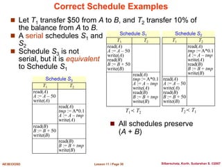 Lesson 11 / Page 30
AE3B33OSD Silberschatz, Korth, Sudarshan S. ©2007
Correct Schedule Examples
 Let T1 transfer $50 from A to B, and T2 transfer 10% of
the balance from A to B.
 A serial schedules S1 and
S2
 Schedule S3 is not
serial, but it is equivalent
to Schedule S1
Schedule S1
T1 T2
read(A)
A := A – 50
write(A)
read(B)
B := B + 50
write(B)
read(A)
tmp := A*0.1
A := A – tmp
write(A)
read(B)
B := B + tmp
write(B)
T1≺ T2
Schedule S2
T1 T2
read(A)
tmp := A*0.1
A := A – tmp
write(A)
read(B)
B := B + tmp
write(B)
read(A)
A := A – 50
write(A)
read(B)
B := B + 50
write(B)
T2≺ T1
Schedule S3
T1 T2
read(A)
A := A – 50
write(A)
read(A)
tmp := A*0.1
A := A – tmp
write(A)
read(B)
B := B + 50
write(B)
read(B)
B := B + tmp
write(B)
 All schedules preserve
(A + B)
 