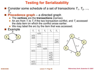 Lesson 11 / Page 36
AE3B33OSD Silberschatz, Korth, Sudarshan S. ©2007
Testing for Serializability
 Consider some schedule of a set of transactions T1, T2, ...,
Tn
 Precedence graph – a directed graph
 The vertices are the transactions (names).
 An arc from Ti to Tj if the two transaction conflict, and Ti accessed
the data item on which the conflict arose earlier.
 We may label the arc by the item that was accessed.
 Example
A
B
T1 T2
T1 T2 T3 T4 T5
r(X)
r(Y)
r(Z)
r(V)
r(W)
r(Y)
w(Y)
w(Z)
r(U)
r(Y)
w(Y)
r(Z)
w(Z)
r(U)
w(U)
T1
T2
T4
T3
Y
Y, Z
Z
Z
Y
 