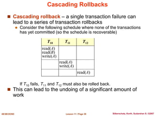 Lesson 11 / Page 39
AE3B33OSD Silberschatz, Korth, Sudarshan S. ©2007
Cascading Rollbacks
 Cascading rollback – a single transaction failure can
lead to a series of transaction rollbacks
 Consider the following schedule where none of the transactions
has yet committed (so the schedule is recoverable)
If T10 fails, T11 and T12 must also be rolled back.
 This can lead to the undoing of a significant amount of
work
T10 T11 T12
read(A)
read(B)
write(A)
read(A)
write(A)
read(A)
 