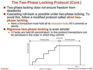 Lesson 11 / Page 47
AE3B33OSD Silberschatz, Korth, Sudarshan S. ©2007
The Two-Phase Locking Protocol (Cont.)
 Two-phase locking does not ensure freedom from
deadlocks
 Cascading roll-back is possible under two-phase locking. To
avoid this, follow a modified protocol called strict two-
phase locking.
 Here a transaction must hold all its exclusive locks till it commits or
aborts.
 Rigorous two-phase locking is even stricter:
 All locks are held till commit/abort. In this protocol transactions can
be serialized in the order in which they commit.
Number
of
locks
Time →
Lock point
Growing phase Shrinking phase
 