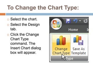 To Change the Chart Type:Select the chart.Select the Design tab.Click the Change Chart Type command. The Insert Chart dialog box will appear.