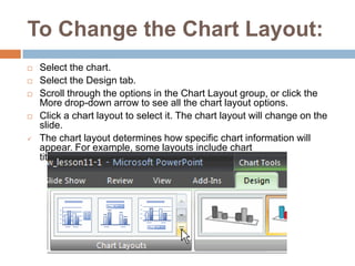 To Change the Chart Layout:Select the chart.Select the Design tab.Scroll through the options in the Chart Layout group, or click the More drop-down arrow to see all the chart layout options.Click a chart layout to select it. The chart layout will change on the slide.The chart layout determines how specific chart information will appear. For example, some layouts include chart titles, legends, and axis labelsTo Modify Specific Areas of the Chart LayoutSelect the chart.Select the Layout tab.Locate the Labels group.