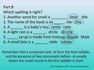 Part B 
Which spelling is right? 
1. Another word for small is ________. little litle 
2. The name of the book is its _____. tile title 
3. A ______ is a baby’s toy. rattle ratle 
4. A light rain is a ______. drizle drizzle 
5. _____ syrup is made from treesap. Maple Male 
6. A small bite is a ______. nible nibble 
Remember that a consonant and –le form the final syllable, 
and the presence of two consonants before –le usually 
means the vowel sound in the first syllable is short. 
T41 Transparency R72 Use the Generalization 
 