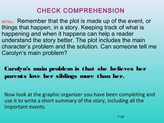 CHECK COMPREHENSION 
RETELL Remember that the plot is made up of the event, or 
things that happen, in a story. Keeping track of what is 
happening and when it happens can help a reader 
understand the story better. The plot includes the main 
character’s problem and the solution. Can someone tell me 
Carolyn’s main problem? 
Carolyn’s main problem is that she believes her 
parents love her siblings more than her. 
Now look at the graphic organizer you have been completing and 
use it to write a short summary of the story, including all the 
important events. 
T 54 
 