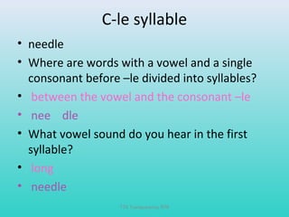 C-le syllable 
• needle 
• Where are words with a vowel and a single 
consonant before –le divided into syllables? 
• between the vowel and the consonant –le 
• nee dle 
• What vowel sound do you hear in the first 
syllable? 
• long 
• needle 
T76 Transparency R76 
 
