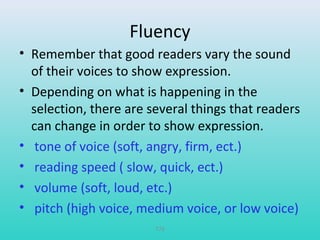 Fluency 
• Remember that good readers vary the sound 
of their voices to show expression. 
• Depending on what is happening in the 
selection, there are several things that readers 
can change in order to show expression. 
• tone of voice (soft, angry, firm, ect.) 
• reading speed ( slow, quick, ect.) 
• volume (soft, loud, etc.) 
• pitch (high voice, medium voice, or low voice) 
T78 
 