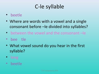 C-le syllable 
• beetle 
• Where are words with a vowel and a single 
consonant before –le divided into syllables? 
• between the vowel and the consonant –le 
• bee tle 
• What vowel sound do you hear in the first 
syllable? 
• long 
• beetle 
T76 Transparency R76 
 