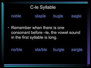C-le Syllable 
noble staple bugle eagle 
• Remember when there is one 
consonant before –le, the vowel sound 
in the first syllable is long. 
no/ble sta/ble bu/gle ea/gle 
 