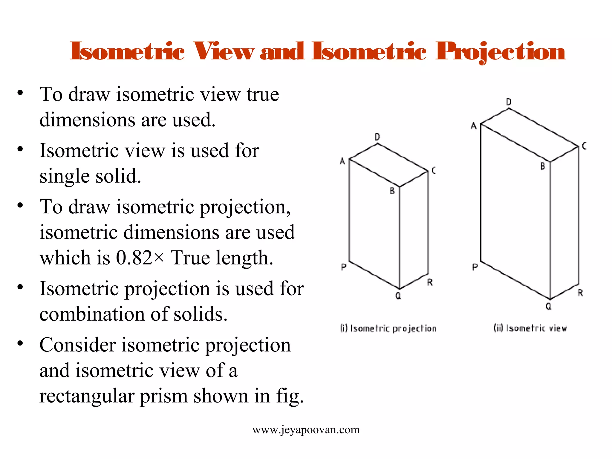 Isometric View and Isometric Projection
• To draw isometric view true
dimensions are used.
• Isometric view is used for
single solid.
• To draw isometric projection,
isometric dimensions are used
which is 0.82× True length.
• Isometric projection is used for
combination of solids.
• Consider isometric projection
and isometric view of a
rectangular prism shown in fig.
www.jeyapoovan.com
 