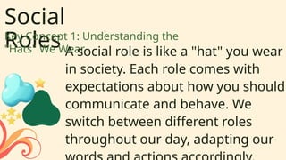 Social
Roles
Key Concept 1: Understanding the
"Hats" We Wear
A social role is like a "hat" you wear
in society. Each role comes with
expectations about how you should
communicate and behave. We
switch between different roles
throughout our day, adapting our
 
