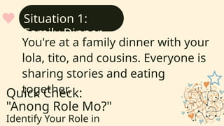 Quick Check:
"Anong Role Mo?"
Identify Your Role in
You're at a family dinner with your
lola, tito, and cousins. Everyone is
sharing stories and eating
together.
Situation 1:
Family Dinner
 