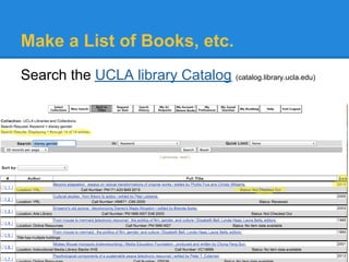 Make a List of Books, etc.
Search the UCLA library Catalog (catalog.library.ucla.edu)
 