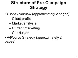 Structure of Pre-Campaign Strategy Client Overview (approximately 2 pages) Client profile Market analysis Current marketing Conclusion AdWords Strategy (approximately 2 pages)  