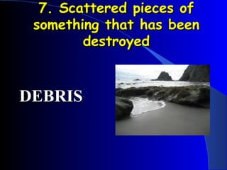 7. Scattered pieces of something that has been destroyed DEBRIS 