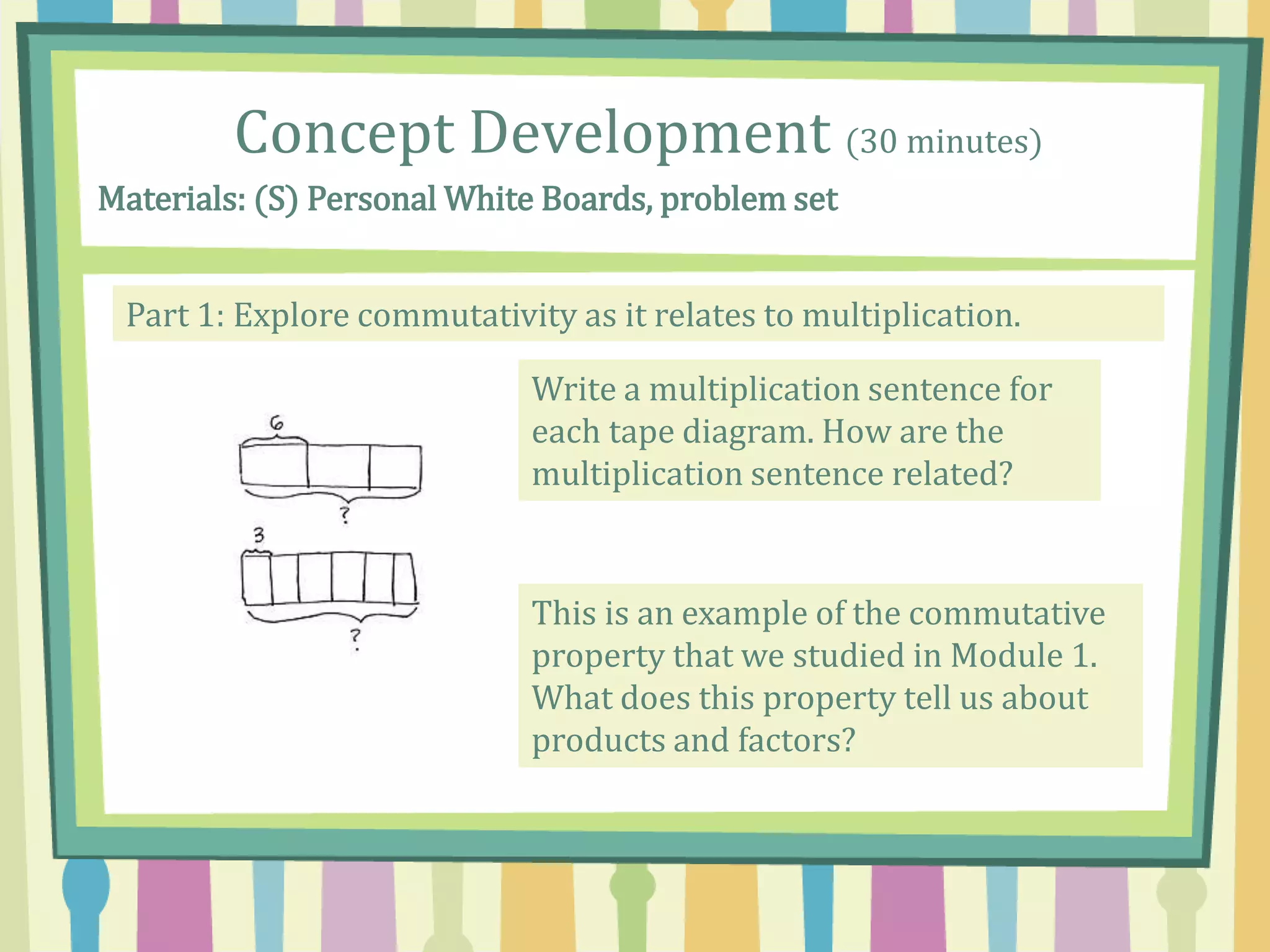 Concept Development (30 minutes)
Materials: (S) Personal White Boards, problem set
Part 1: Explore commutativity as it relates to multiplication.
Write a multiplication sentence for
each tape diagram. How are the
multiplication sentence related?
This is an example of the commutative
property that we studied in Module 1.
What does this property tell us about
products and factors?
 