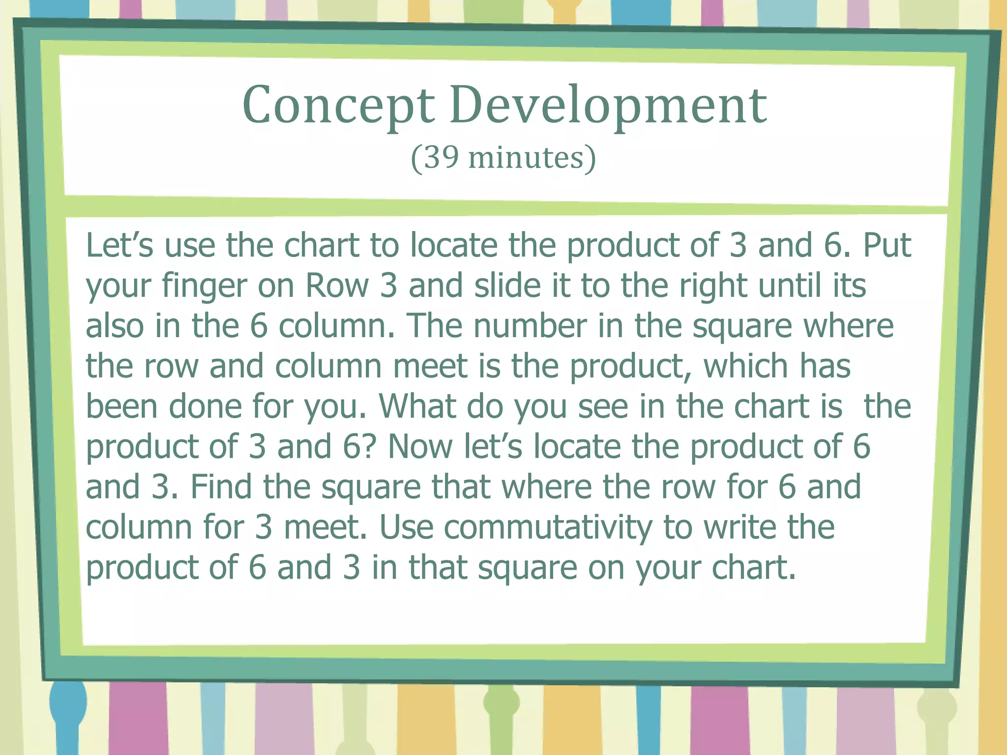 Concept Development
(39 minutes)
Let’s use the chart to locate the product of 3 and 6. Put
your finger on Row 3 and slide it to the right until its
also in the 6 column. The number in the square where
the row and column meet is the product, which has
been done for you. What do you see in the chart is the
product of 3 and 6? Now let’s locate the product of 6
and 3. Find the square that where the row for 6 and
column for 3 meet. Use commutativity to write the
product of 6 and 3 in that square on your chart.
 