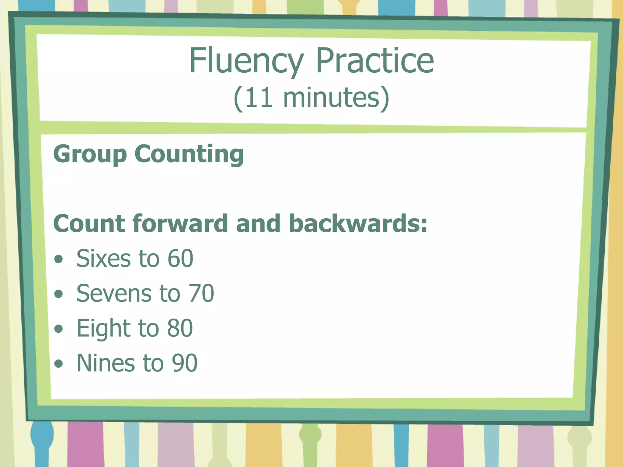 Fluency Practice
(11 minutes)
Group Counting
Count forward and backwards:
• Sixes to 60
• Sevens to 70
• Eight to 80
• Nines to 90
 