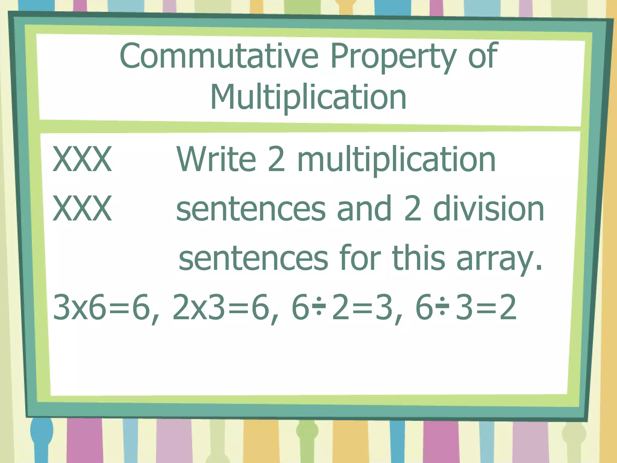 Commutative Property of
Multiplication
XXX Write 2 multiplication
XXX sentences and 2 division
sentences for this array.
3x6=6, 2x3=6, 6 2=3, 6 3=2
 