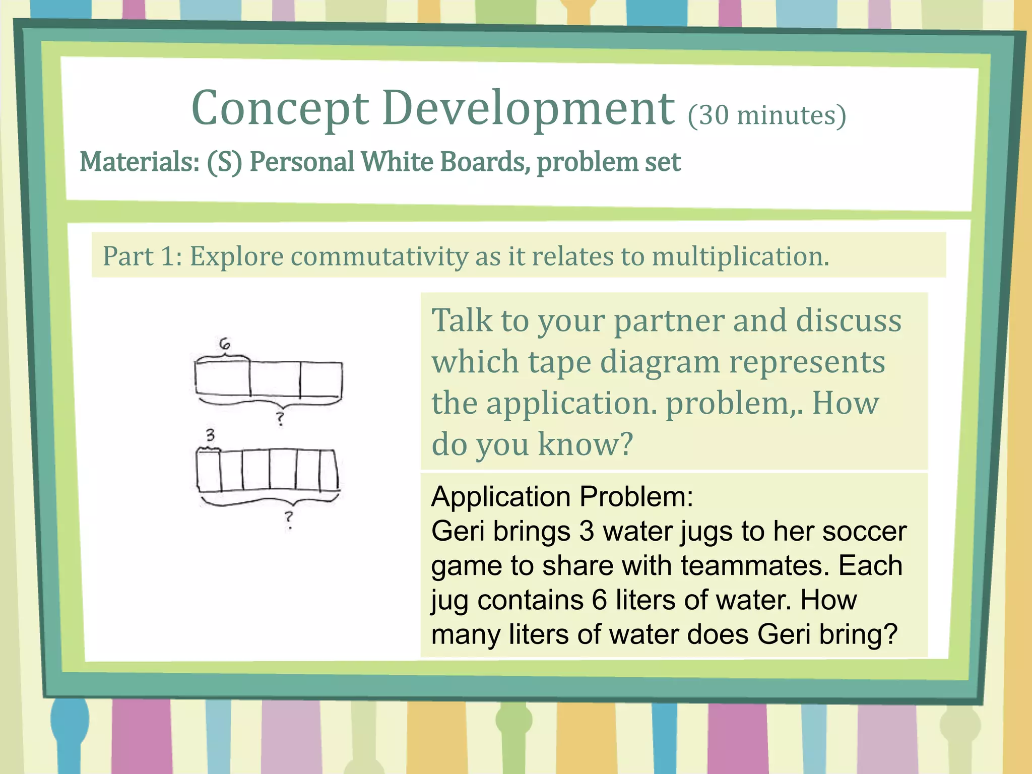 Concept Development (30 minutes)
Materials: (S) Personal White Boards, problem set
Part 1: Explore commutativity as it relates to multiplication.
Talk to your partner and discuss
which tape diagram represents
the application. problem,. How
do you know?
Application Problem:
Geri brings 3 water jugs to her soccer
game to share with teammates. Each
jug contains 6 liters of water. How
many liters of water does Geri bring?
 
