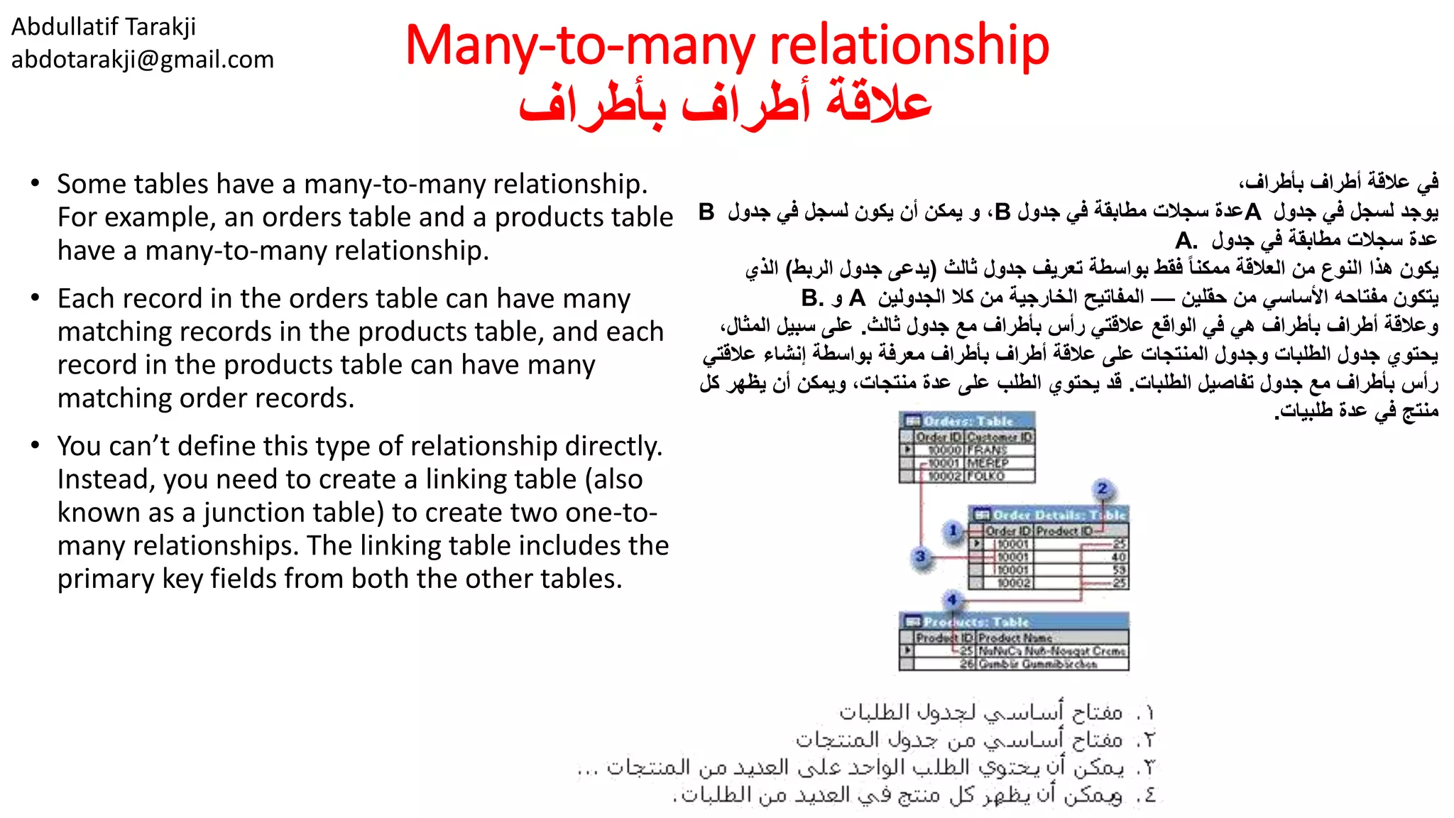 Abdullatif Tarakji
abdotarakji@gmail.com Many-to-many relationship
‫أطراف‬ ‫عالقة‬‫ب‬‫أطراف‬
• Some tables have a many-to-many relationship.
For example, an orders table and a products table
have a many-to-many relationship.
• Each record in the orders table can have many
matching records in the products table, and each
record in the products table can have many
matching order records.
• You can’t define this type of relationship directly.
Instead, you need to create a linking table (also
known as a junction table) to create two one-to-
many relationships. The linking table includes the
primary key fields from both the other tables.
،‫بأطراف‬ ‫أطراف‬ ‫عالقة‬ ‫في‬
‫جدول‬ ‫في‬ ‫لسجل‬ ‫يوجد‬A‫جدول‬ ‫في‬ ‫مطابقة‬ ‫سجالت‬ ‫عدة‬B،‫جدول‬ ‫في‬ ‫لسجل‬ ‫يكون‬ ‫أن‬ ‫يمكن‬ ‫و‬B
‫جدول‬ ‫في‬ ‫مطابقة‬ ‫سجالت‬ ‫عدة‬A.
‫ثالث‬ ‫جدول‬ ‫تعريف‬ ‫بواسطة‬ ‫فقط‬ ً‫ا‬‫ممكن‬ ‫العالقة‬ ‫من‬ ‫النوع‬ ‫هذا‬ ‫يكون‬(‫الربط‬ ‫جدول‬ ‫يدعى‬)‫الذ‬‫ي‬
‫حقلين‬ ‫من‬ ‫األساسي‬ ‫مفتاحه‬ ‫يتكون‬—‫الجدولين‬ ‫كال‬ ‫من‬ ‫الخارجية‬ ‫المفاتيح‬A‫و‬B.
‫ثالث‬ ‫جدول‬ ‫مع‬ ‫بأطراف‬ ‫رأس‬ ‫عالقتي‬ ‫الواقع‬ ‫في‬ ‫هي‬ ‫بأطراف‬ ‫أطراف‬ ‫وعالقة‬.‫المثال‬ ‫سبيل‬ ‫على‬،
‫عال‬ ‫إنشاء‬ ‫بواسطة‬ ‫معرفة‬ ‫بأطراف‬ ‫أطراف‬ ‫عالقة‬ ‫على‬ ‫المنتجات‬ ‫وجدول‬ ‫الطلبات‬ ‫جدول‬ ‫يحتوي‬‫قتي‬
‫الطلبات‬ ‫تفاصيل‬ ‫جدول‬ ‫مع‬ ‫بأطراف‬ ‫رأس‬.‫يظ‬ ‫أن‬ ‫ويمكن‬ ،‫منتجات‬ ‫عدة‬ ‫على‬ ‫الطلب‬ ‫يحتوي‬ ‫قد‬‫كل‬ ‫هر‬
‫طلبيات‬ ‫عدة‬ ‫في‬ ‫منتج‬.
 
