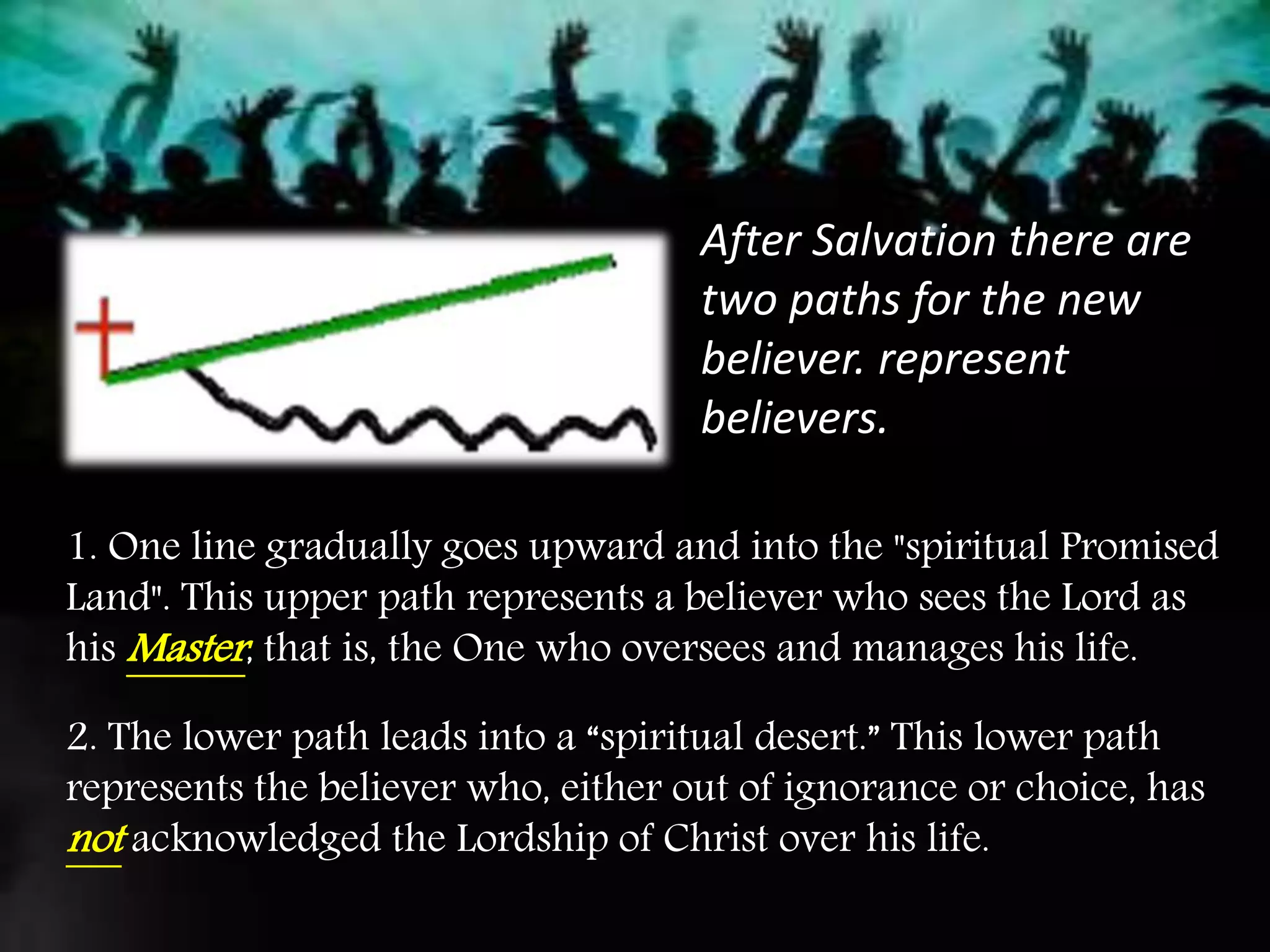 After Salvation there are
two paths for the new
believer. represent
believers.
1. One line gradually goes upward and into the "spiritual Promised
Land". This upper path represents a believer who sees the Lord as
his Master, that is, the One who oversees and manages his life.
2. The lower path leads into a “spiritual desert.” This lower path
represents the believer who, either out of ignorance or choice, has
not acknowledged the Lordship of Christ over his life.