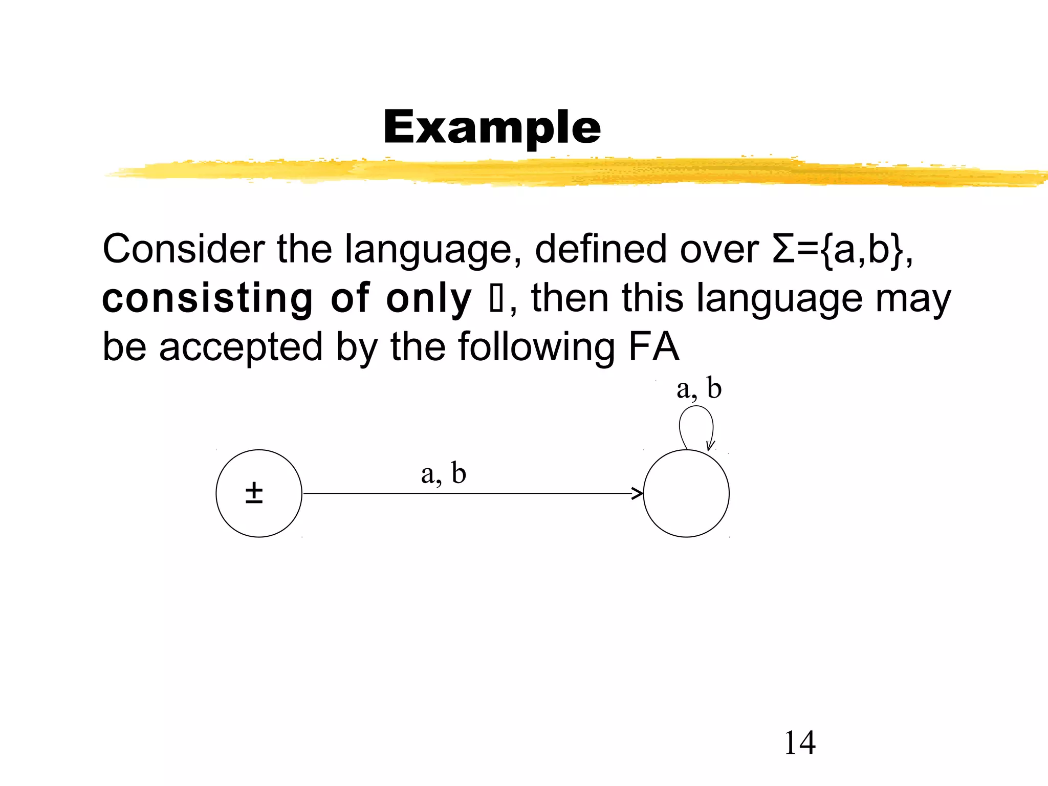 14
Example
Consider the language, defined over Σ={a,b},
consisting of only , then this language may
be accepted by the following FA
a, b
a, b
±
 