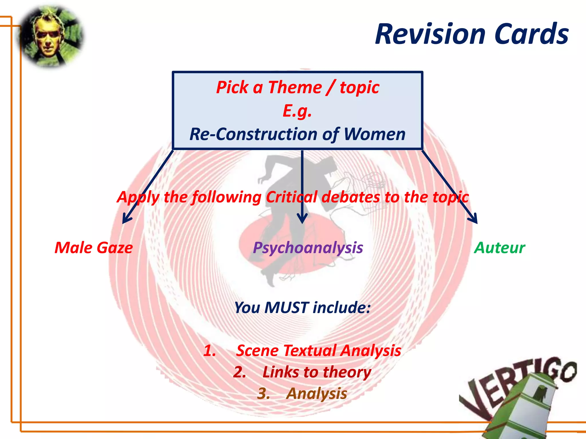 Revision Cards
                    Pick a Theme / topic
                             E.g.
                 Re-Construction of Women


       Apply the following Critical debates to the topic

Male Gaze                Psychoanalysis                    Auteur


                       You MUST include:

                  1.   Scene Textual Analysis
                       2. Links to theory
                          3. Analysis
 