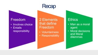 Recap
Freedom
• Involves choice
• Entails
responsibility
2 Elements
that define
Freedom
• Voluntariness
• Responsibility
Ethics
• Man as a moral
agent
• Moral decisions
and Moral
dilemmas
 