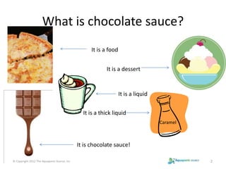 What is chocolate sauce? 
It is a food 
It is a dessert 
It is a liquid 
It is a thick liquid 
Caramel 
It is chocolate sauce! 
© Copyright 2012 The Aquaponic Source, Inc 2 
 