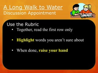 A Long Walk to Water
Discussion Appointment

Use the Rubric
• Together, read the first row only
• Highlight words you aren’t sure about
• When done, raise your hand

 