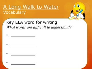 A Long Walk to Water
Vocabulary

Key ELA word for writing
What words are difficult to understand?
• __________
• __________
• __________
• __________

 