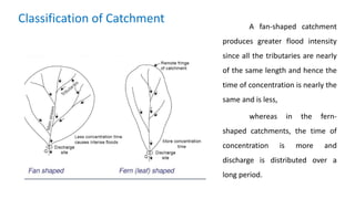A fan-shaped catchment
produces greater flood intensity
since all the tributaries are nearly
of the same length and hence the
time of concentration is nearly the
same and is less,
whereas in the fern-
shaped catchments, the time of
concentration is more and
discharge is distributed over a
long period.
Classification of Catchment
 