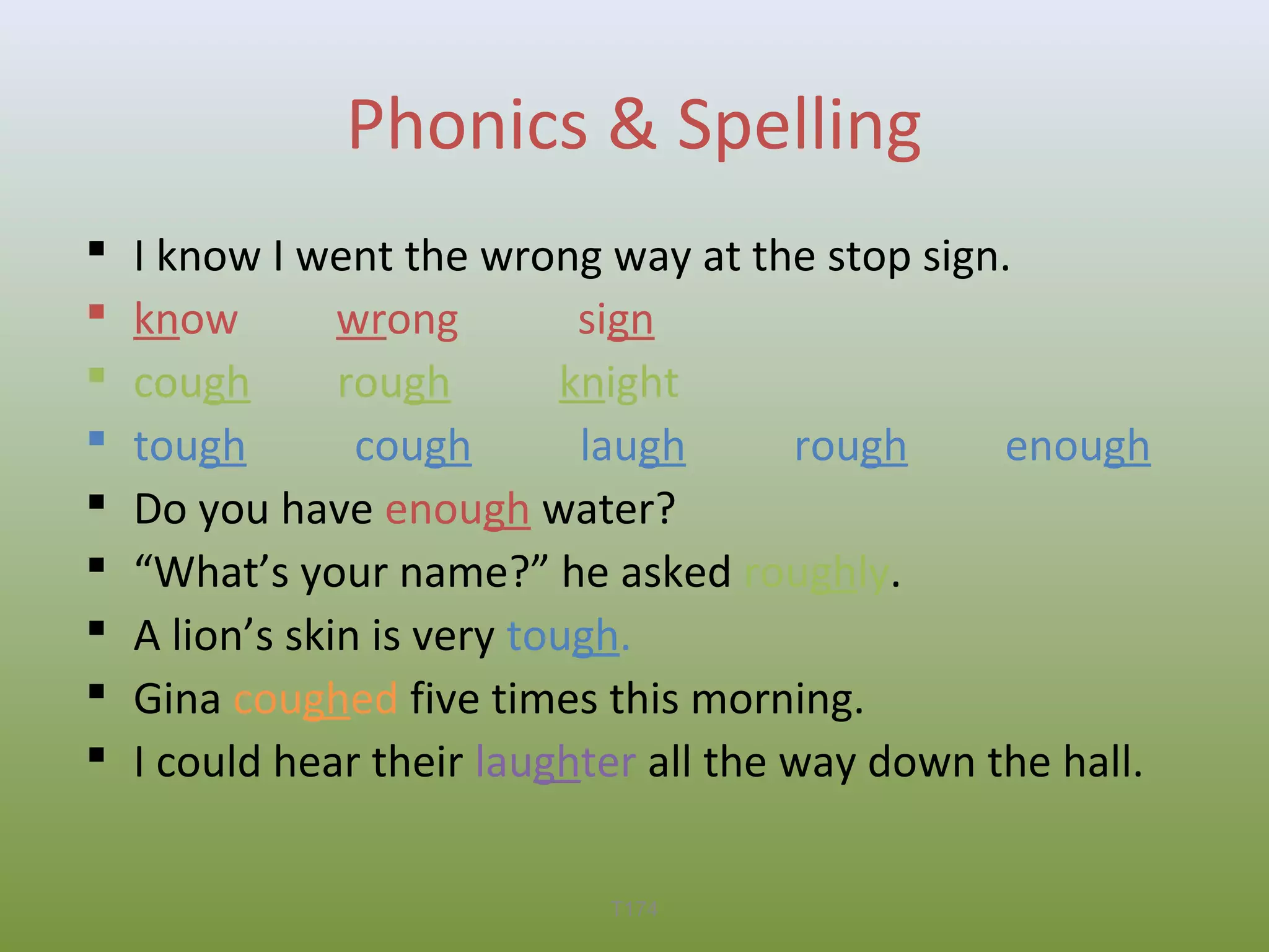 Phonics & Spelling










I know I went the wrong way at the stop sign.
know
wrong
sign
cough
rough
knight
tough
cough
laugh
rough
enough
Do you have enough water?
“What’s your name?” he asked roughly.
A lion’s skin is very tough.
Gina coughed five times this morning.
I could hear their laughter all the way down the hall.
T174

 