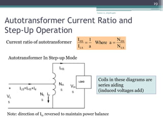 Autotransformer Current Ratio and
Step-Up Operation
Lesson 12_et332b.pptx
19
Current ratio of autotransformer
LS
HS
LS
HS
N
N
a
Where
a
1
I
I


Autotransformer In Step-up Mode
Note: direction of Itr reversed to maintain power balance
Coils in these diagrams are
series aiding
(induced voltages add)
 