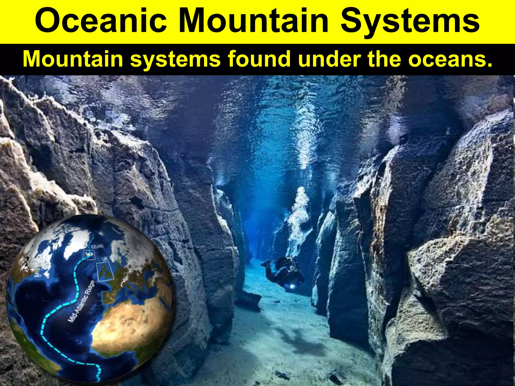 Mountain systems found under the oceans.
Oceanic Mountain Systems
 