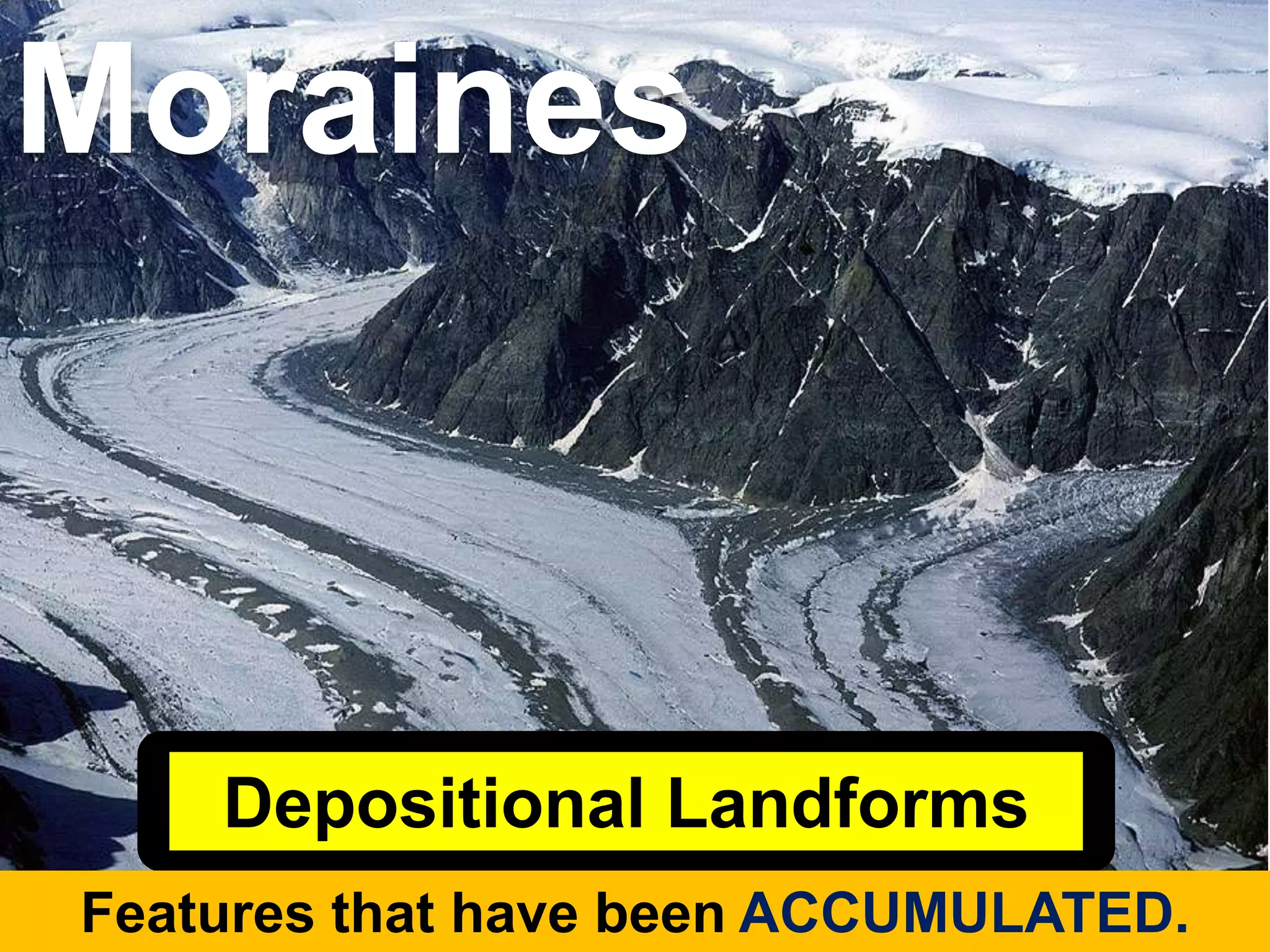 Depositional Landforms
Features that have been ACCUMULATED.
Moraines
 