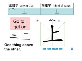 Go to;  get on One thing above the other. 上 上 簡體字   jiăn tǐ zì   (Simpl.) 正體字  zhèng tǐ zì   (Trad.) 
