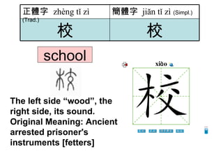 school The left side “wood”, the right side, its sound. Original Meaning: Ancient arrested prisoner's instruments [fetters]   校 校 簡體字   jiăn tǐ zì   (Simpl.) 正體字  zhèng tǐ zì   (Trad.) 