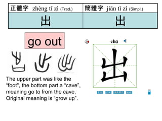 go out The upper part was like the “foot", the bottom part a “cave”, meaning go to from the cave. Original meaning is “grow up”. 出 出 簡體字   jiăn tǐ zì   (Simpl.) 正體字  zhèng tǐ zì   (Trad.) 