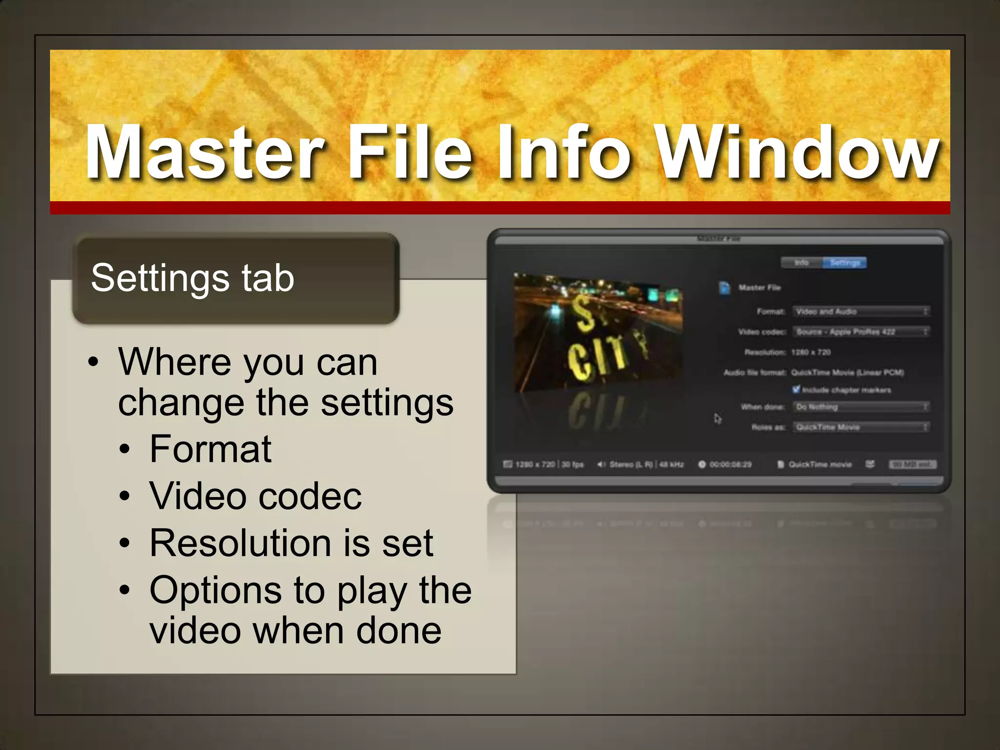 • Where you can
change the settings
• Format
• Video codec
• Resolution is set
• Options to play the
video when done
Settings tab
Master File Info Window
 